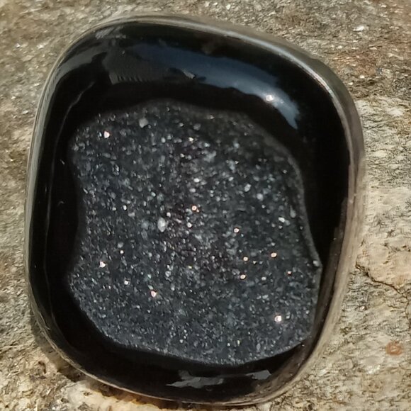 Druzy Black Tourmaline Adjustable 925 Silver Statement Ring - Picture 2 of 5